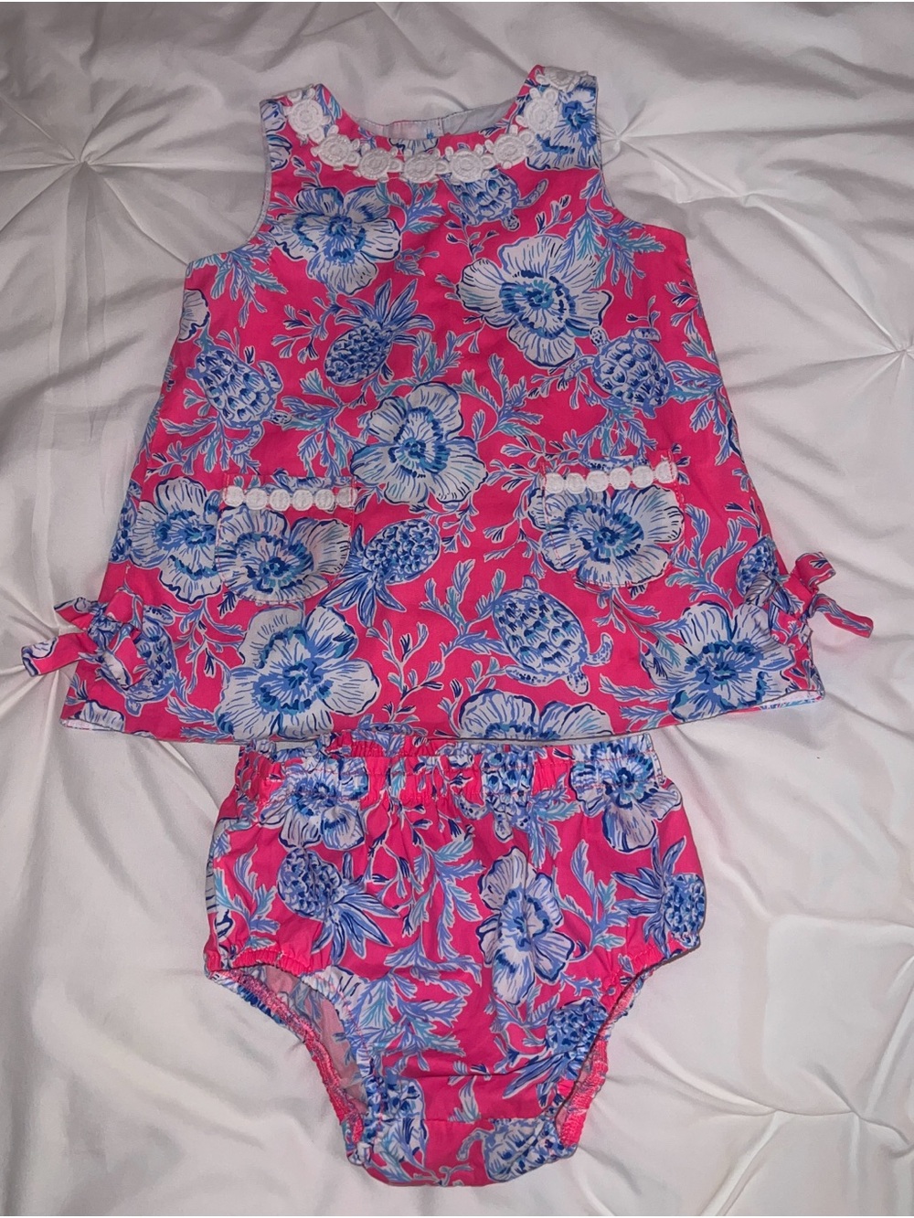 Lilly Pulitzer Pink & Blue Floral Baby Dress with Trim